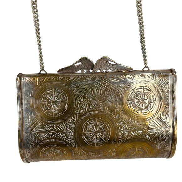 Vintage Peacock Flower Engraved Brass Pillow Purse Chain Strap 7" x 4.5" - Picture 11 of 16